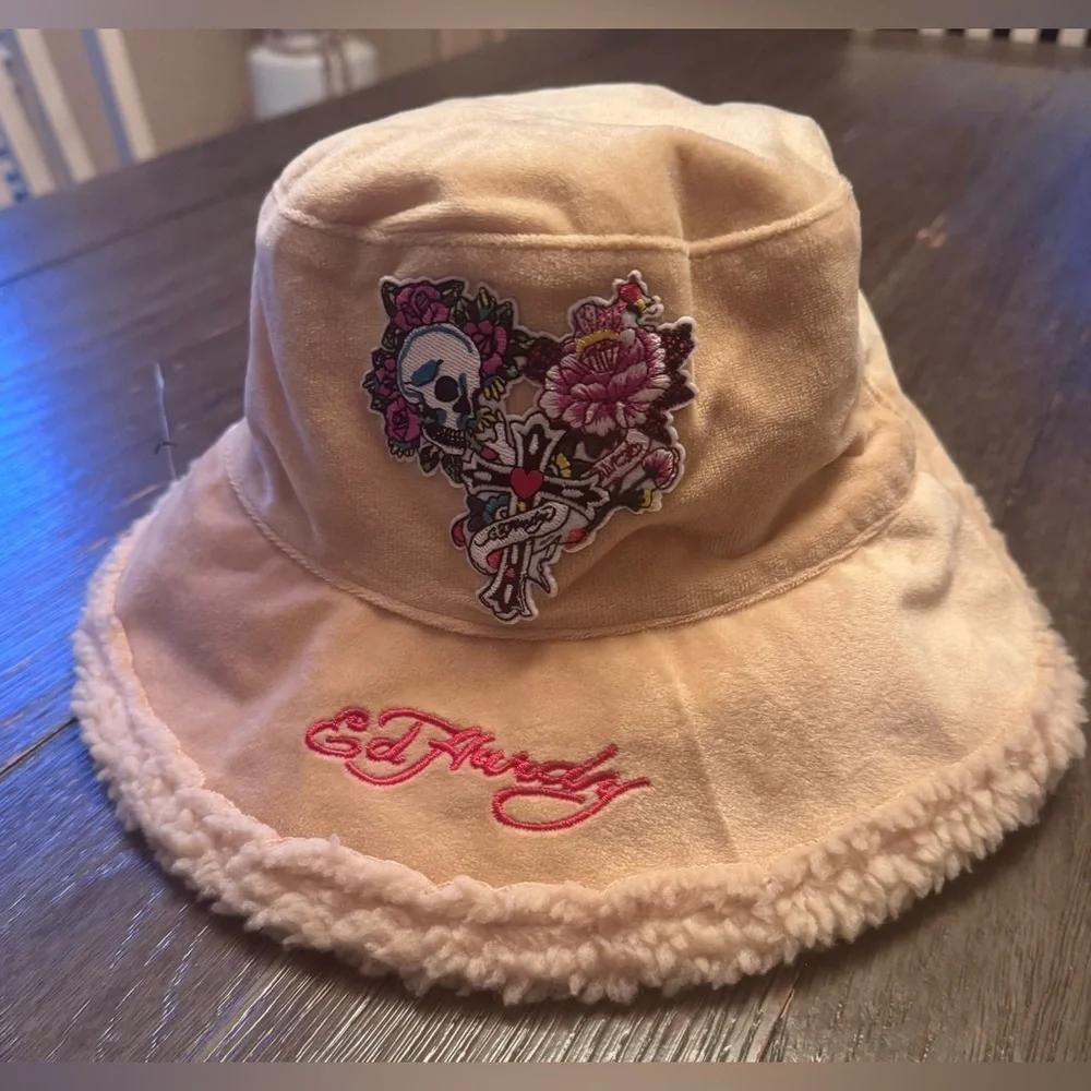 Ed Hardy Tan Bucket Hat with Sherpa And Embroidery